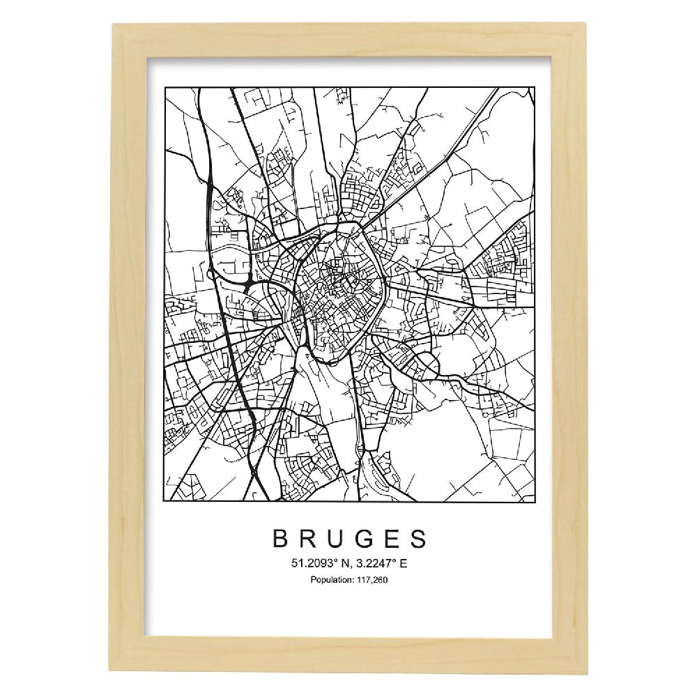 Nacnic Lámina Estilo Nórdico De Mapa Bruges En Blanco Y Negro