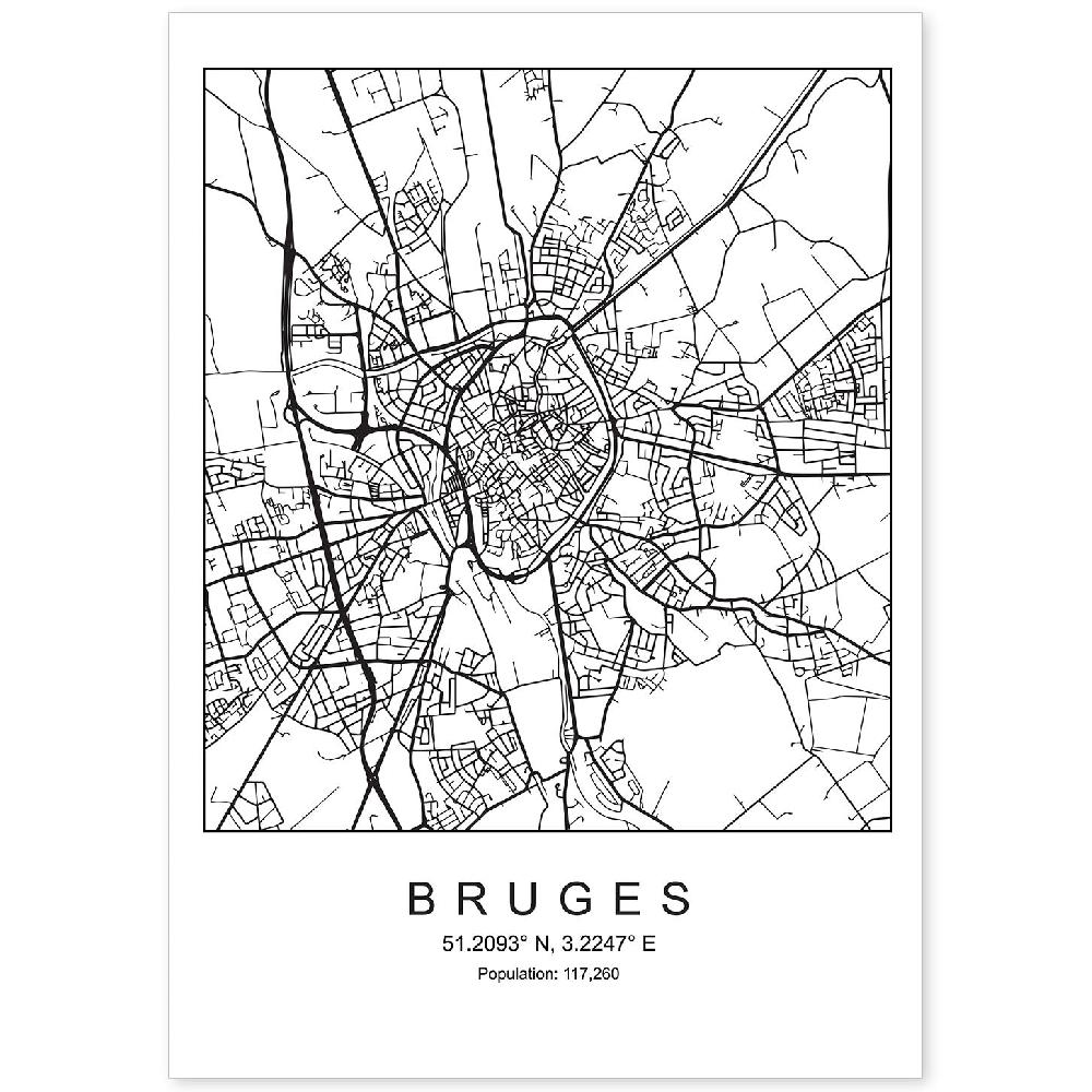 nacnic Lámina estilo nórdico de mapa Bruges en blanco y negro