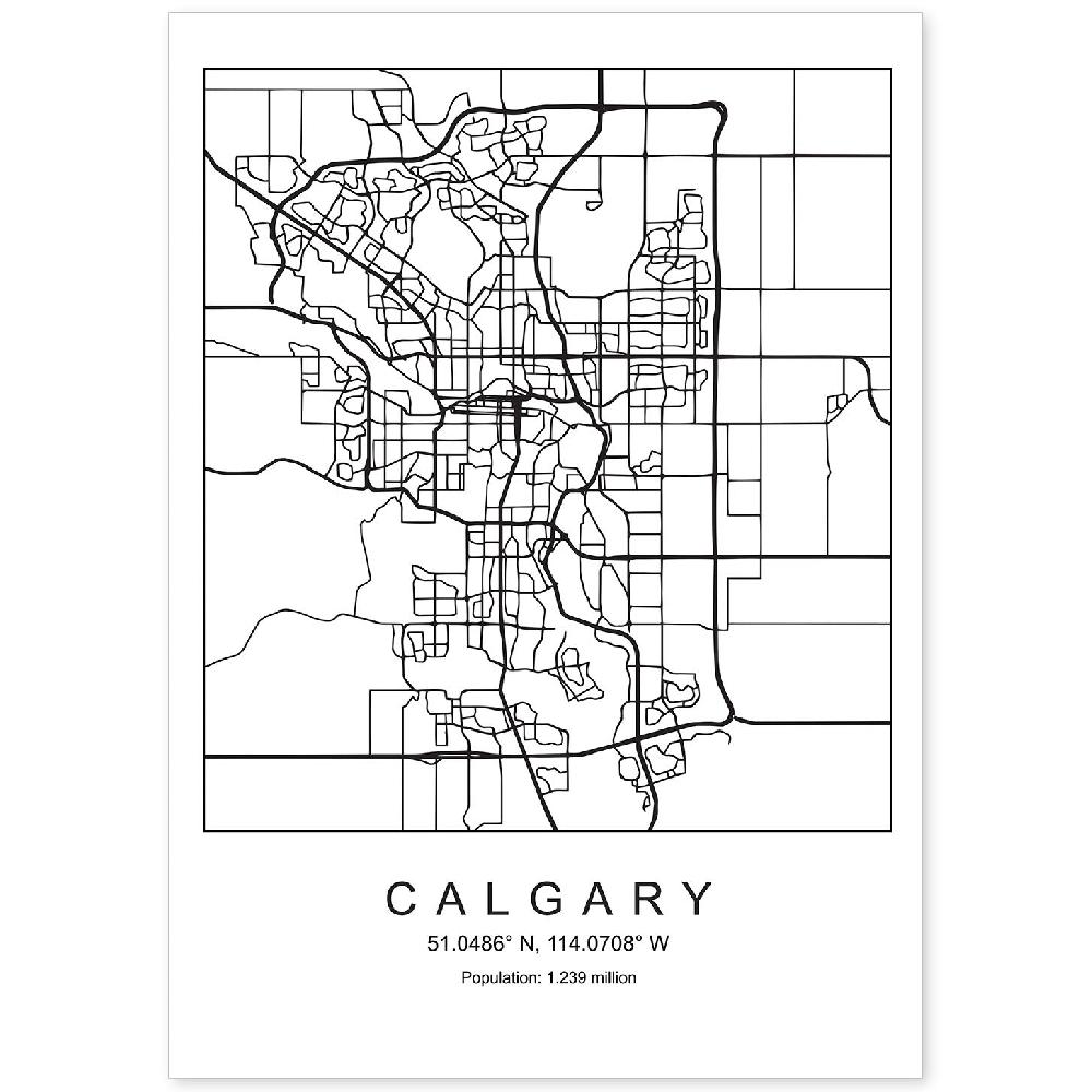 nacnic Lámina estilo nordico de mapa Calgary en blanco y negro