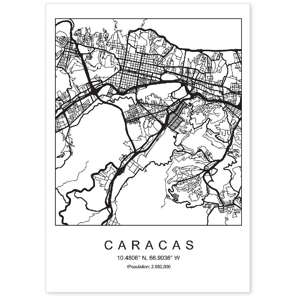 nacnic Lámina estilo nórdico de mapa Caracas en blanco y negro