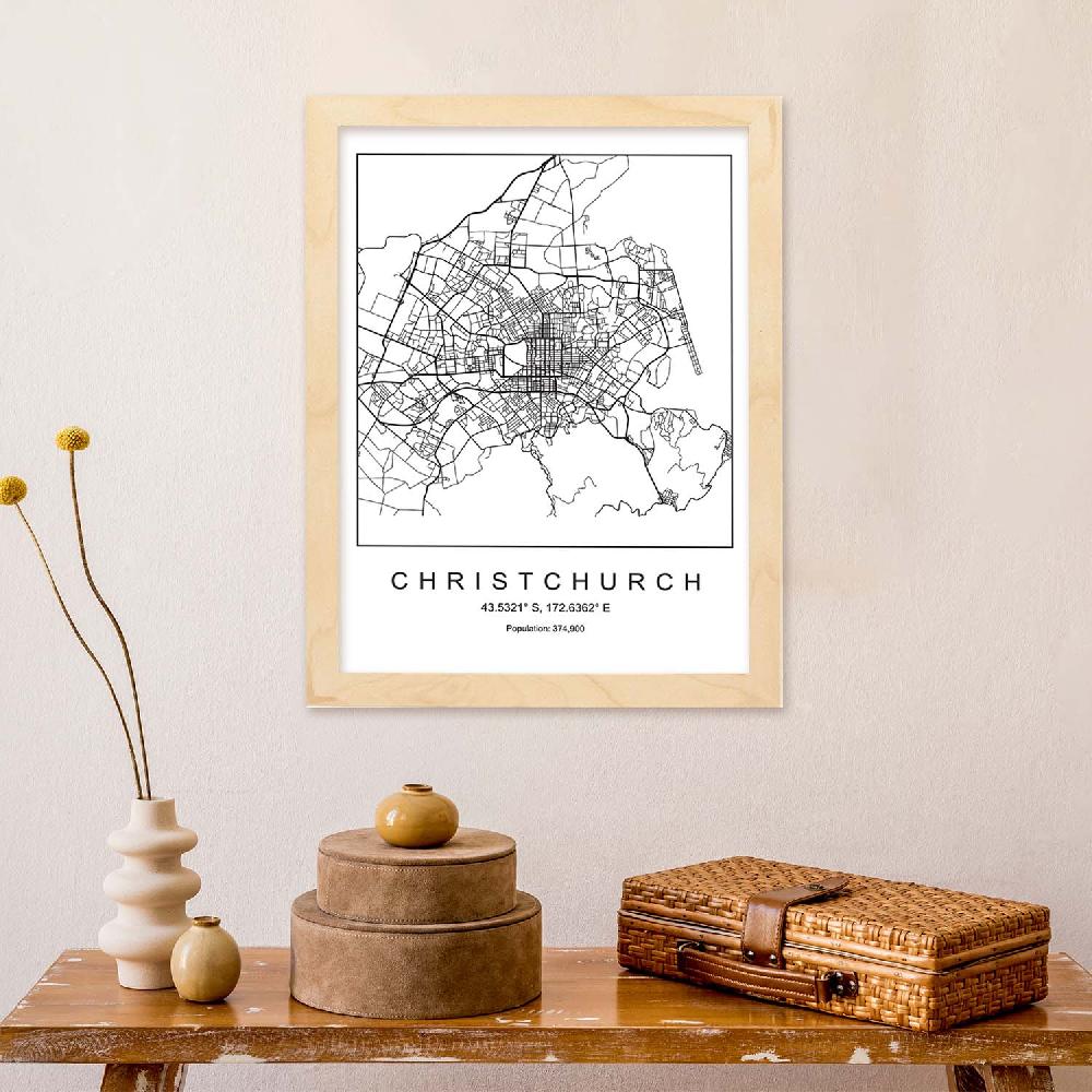 Nacnic Lámina Estilo Nórdico De Mapa Christchurch En Blanco Y Negro