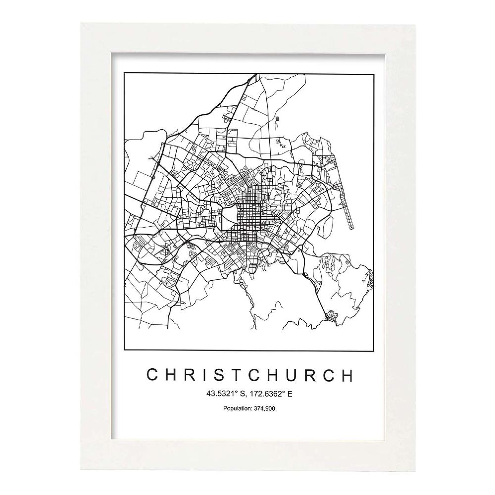Nacnic Lámina Estilo Nórdico De Mapa Christchurch En Blanco Y Negro