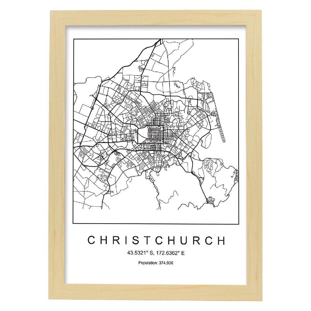 Nacnic Lámina Estilo Nórdico De Mapa Christchurch En Blanco Y Negro