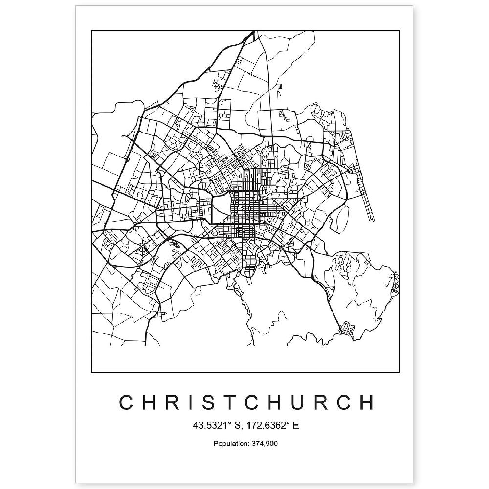 nacnic Lámina estilo nórdico de mapa Christchurch en blanco y negro