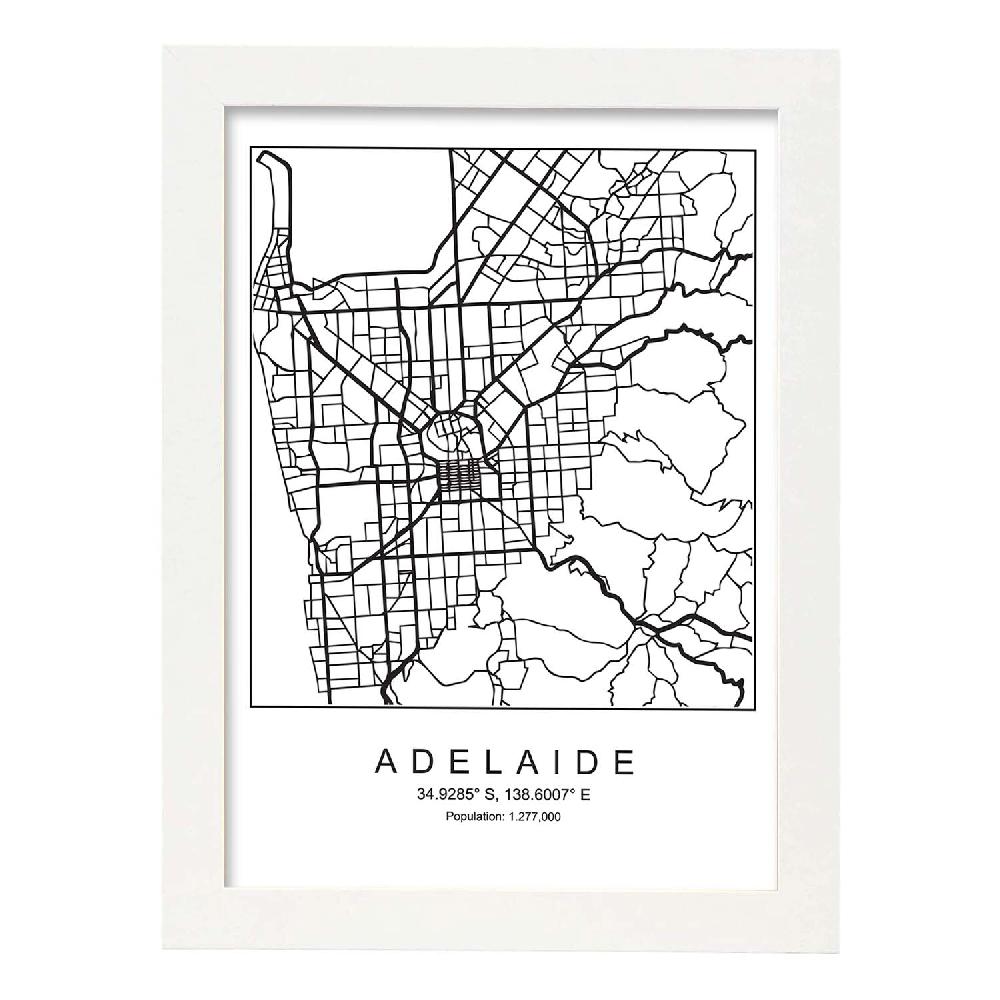 Nacnic Lámina Estilo Nórdico De Mapa De Adelaide En Blanco Y Negro