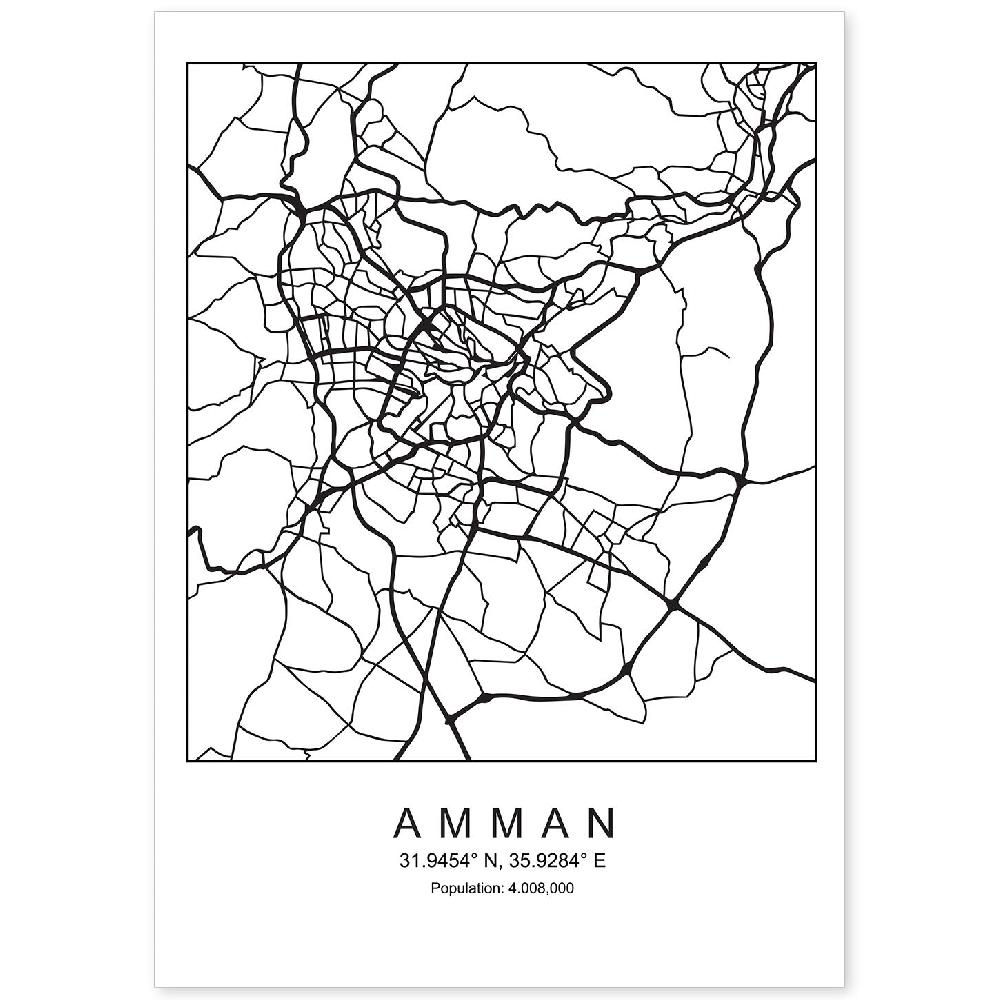 nacnic Lámina estilo nórdico de mapa de Amman en blanco y negro