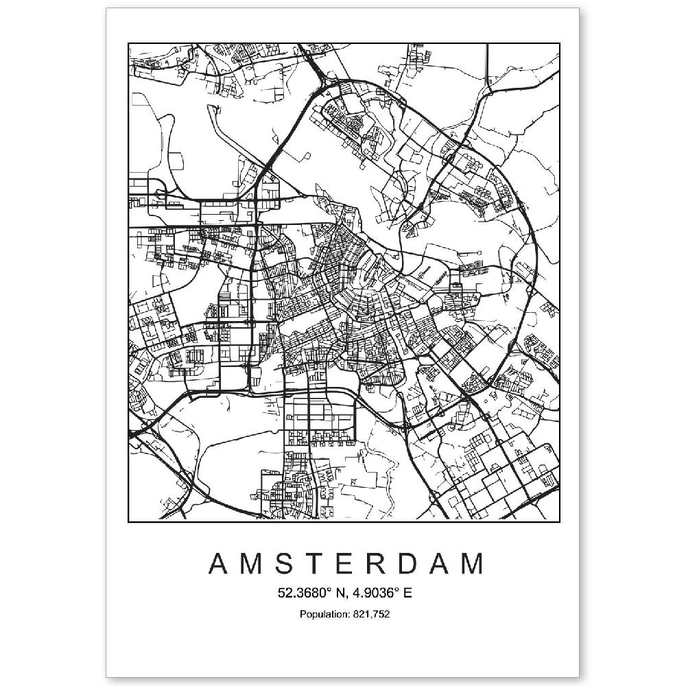 nacnic Lámina estilo nórdico de mapa de Amsterdam en blanco y negro