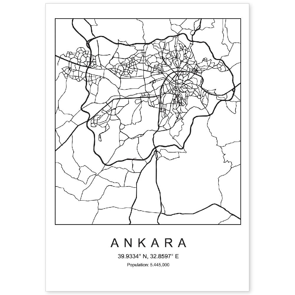 nacnic Lámina estilo nórdico de mapa de Ankara en blanco y negro