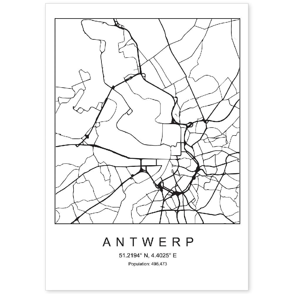 nacnic Lámina estilo nórdico de mapa de Antwerp en blanco y negro