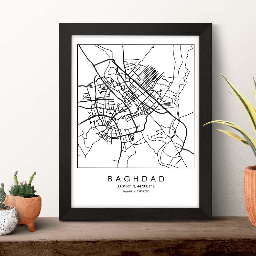 Nacnic Lámina Estilo Nórdico De Mapa De Baghdad En Blanco Y Negro