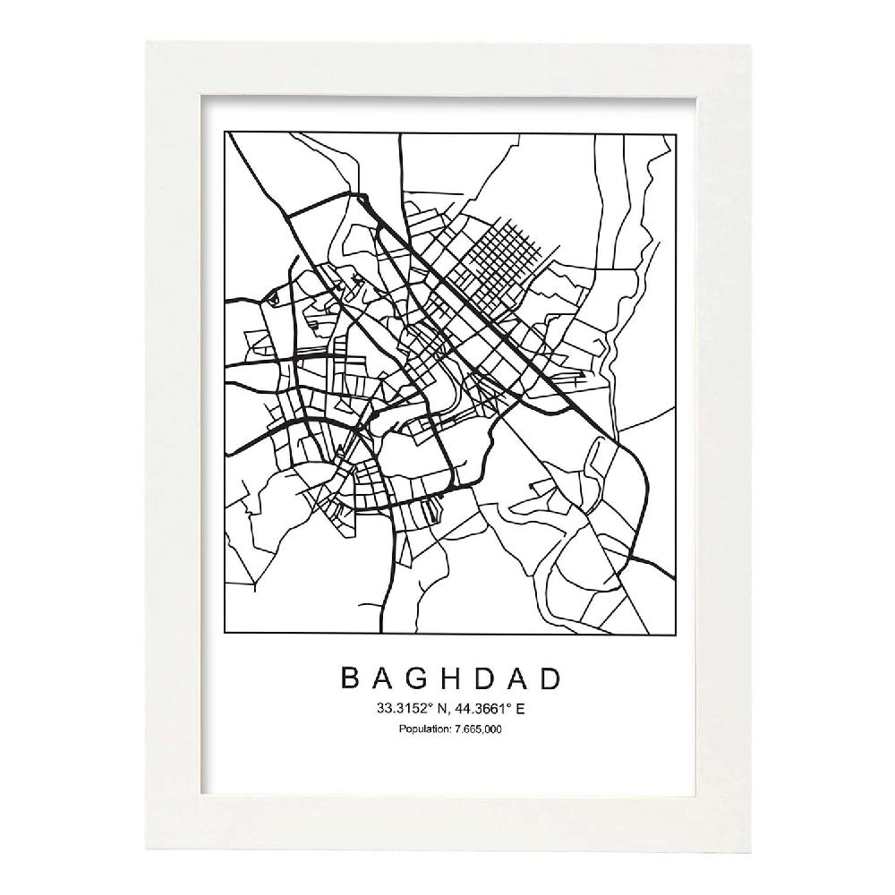 Nacnic Lámina Estilo Nórdico De Mapa De Baghdad En Blanco Y Negro