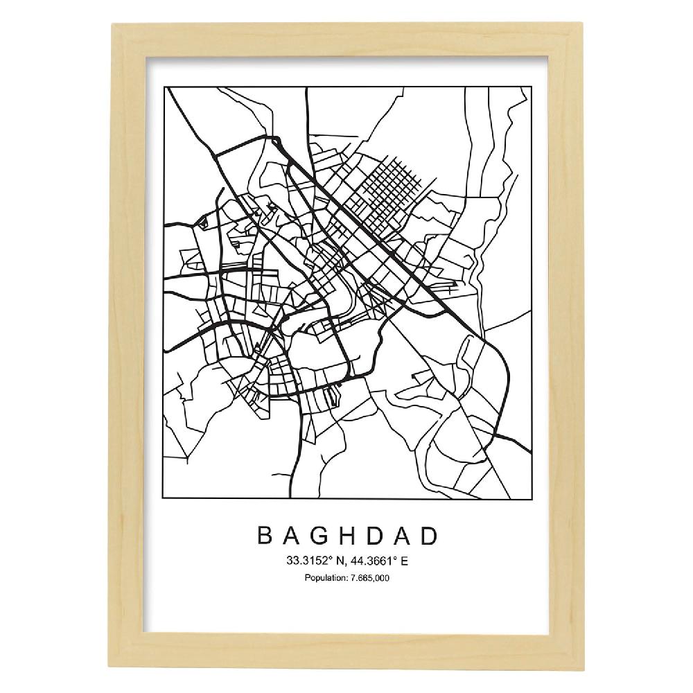 Nacnic Lámina Estilo Nórdico De Mapa De Baghdad En Blanco Y Negro