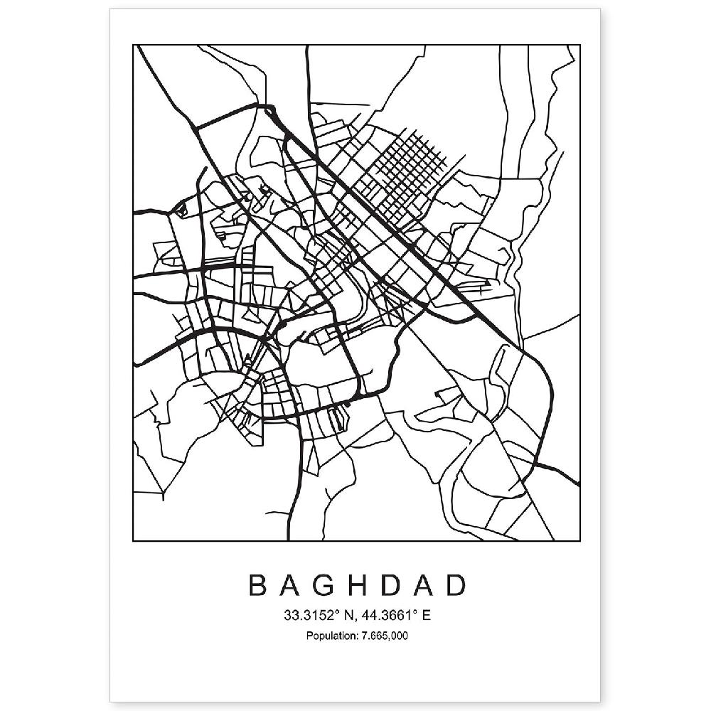 nacnic Lámina estilo nórdico de mapa de Baghdad en blanco y negro