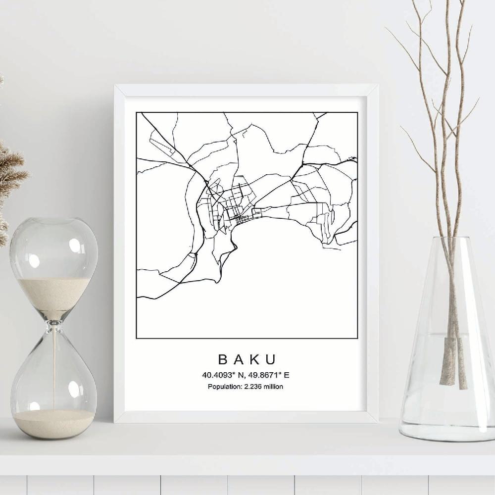 Nacnic Lámina Estilo Nórdico De Mapa De Baku En Blanco Y Negro