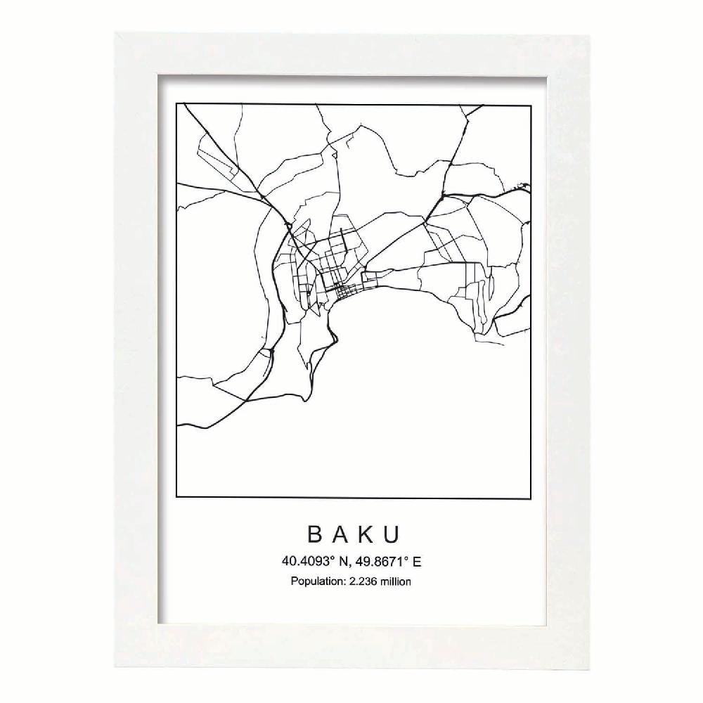 Nacnic Lámina Estilo Nórdico De Mapa De Baku En Blanco Y Negro