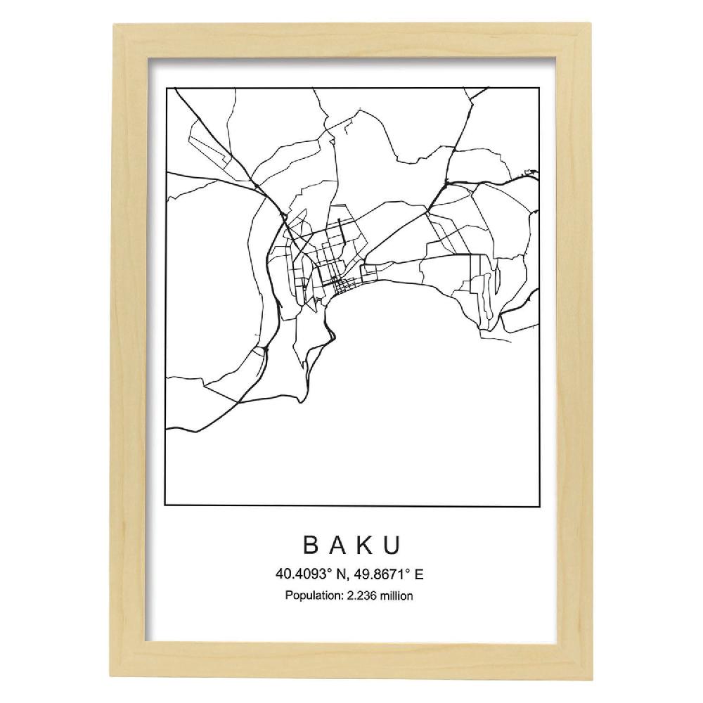 Nacnic Lámina Estilo Nórdico De Mapa De Baku En Blanco Y Negro