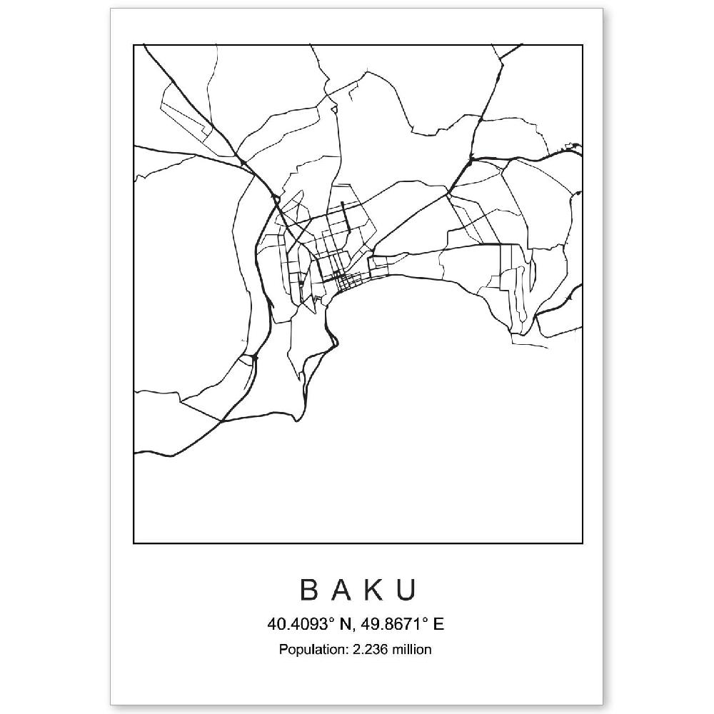 nacnic Lámina estilo nórdico de mapa de Baku en blanco y negro
