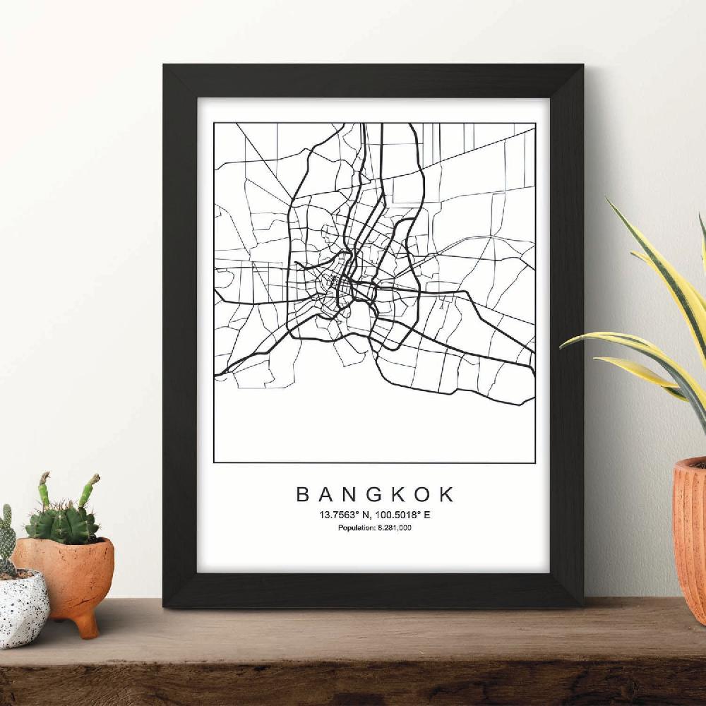 Nacnic Lámina Estilo Nórdico De Mapa De Bangkok En Blanco Y Negro