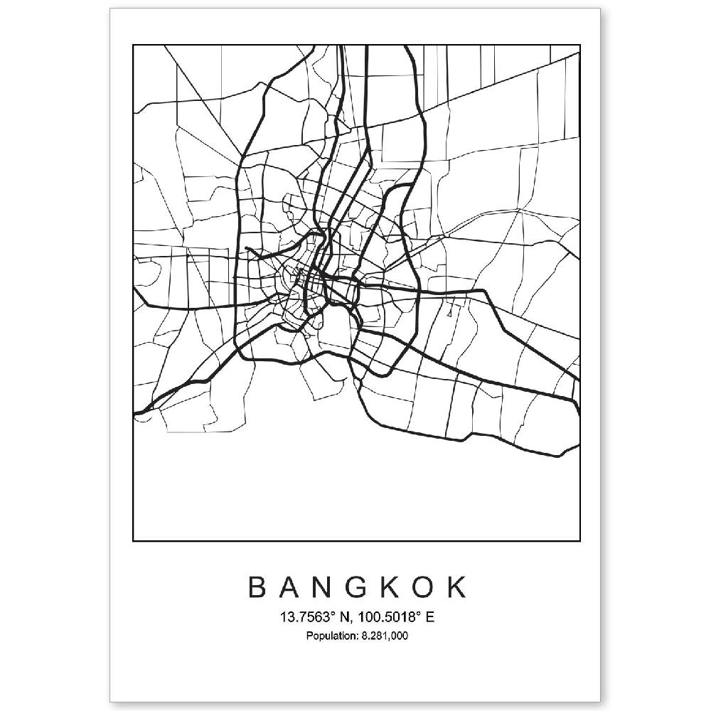 nacnic Lámina estilo nórdico de mapa de Bangkok en blanco y negro