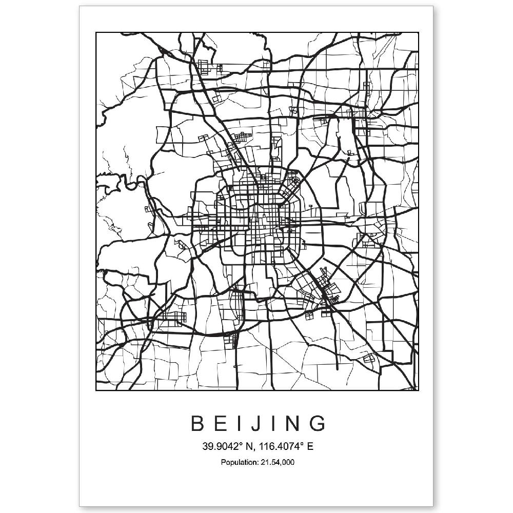 nacnic Lámina estilo nórdico de mapa de Beijing en blanco y negro