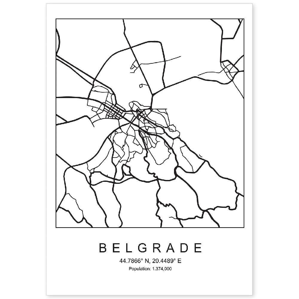 nacnic Lámina estilo nórdico de mapa de Belgrade en blanco y negro