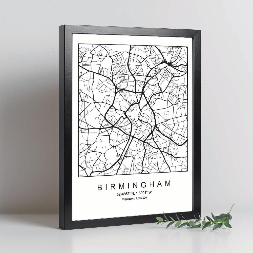 Nacnic Lámina Estilo Nórdico De Mapa De Birmingham En Blanco Y Negro