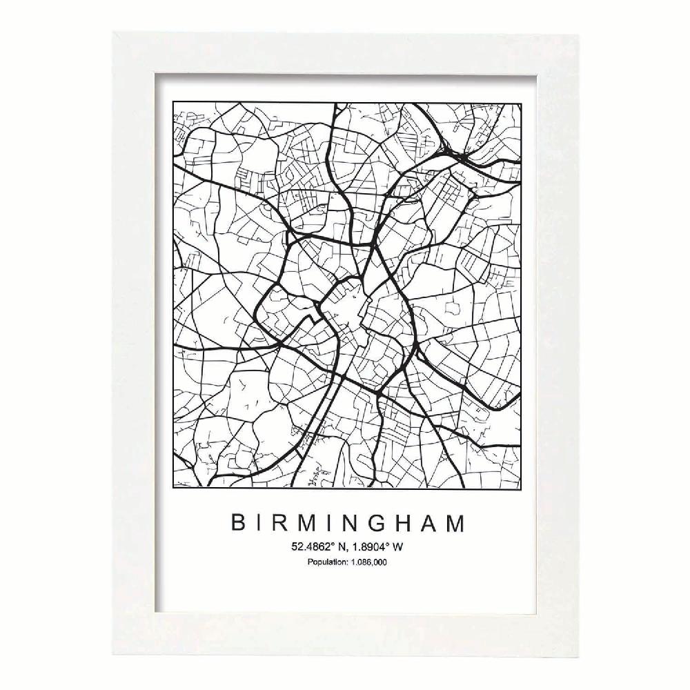 Nacnic Lámina Estilo Nórdico De Mapa De Birmingham En Blanco Y Negro