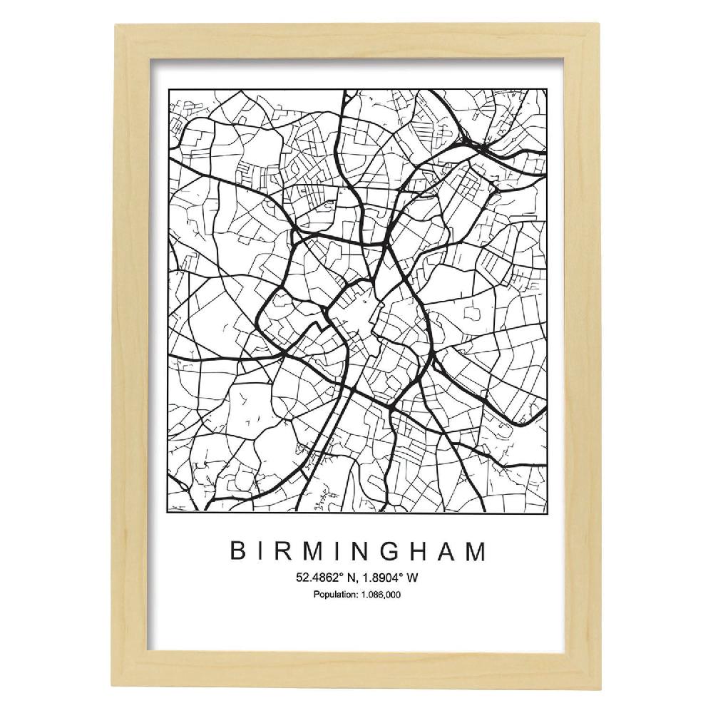 Nacnic Lámina Estilo Nórdico De Mapa De Birmingham En Blanco Y Negro