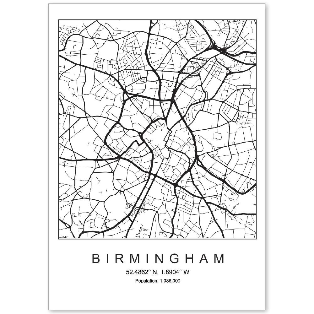 nacnic Lámina estilo nórdico de mapa de Birmingham en blanco y negro
