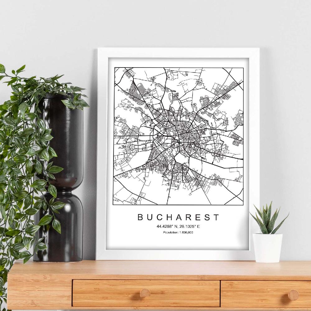 Nacnic Lámina Estilo Nordico De Mapa De Bucharest En Blanco Y Negro