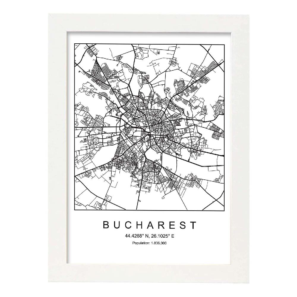 Nacnic Lámina Estilo Nordico De Mapa De Bucharest En Blanco Y Negro