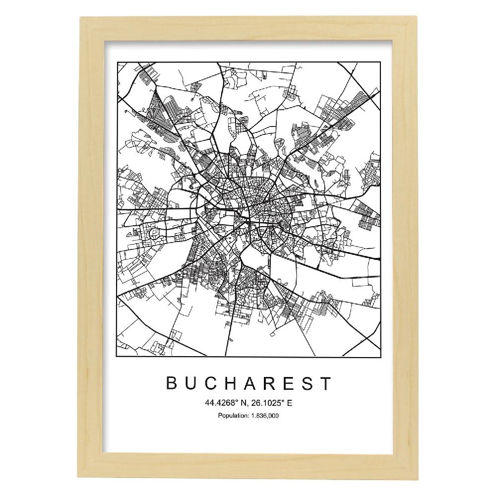 Nacnic Lámina Estilo Nordico De Mapa De Bucharest En Blanco Y Negro