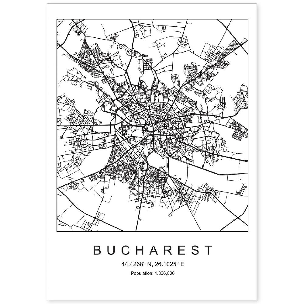 nacnic Lámina estilo nordico de mapa de Bucharest en blanco y negro