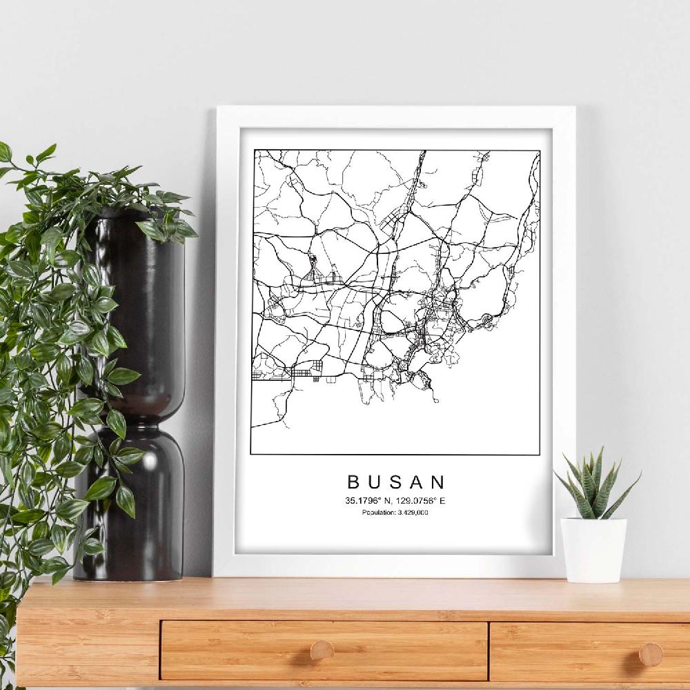 Nacnic Lámina Estilo Nórdico De Mapa De Busan En Blanco Y Negro