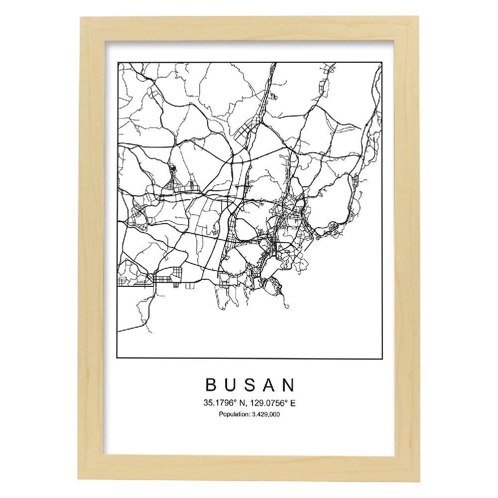 Nacnic Lámina Estilo Nórdico De Mapa De Busan En Blanco Y Negro