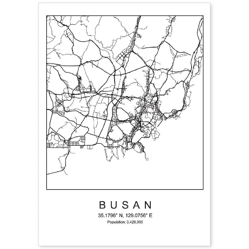nacnic Lámina estilo nórdico de mapa de Busan en blanco y negro