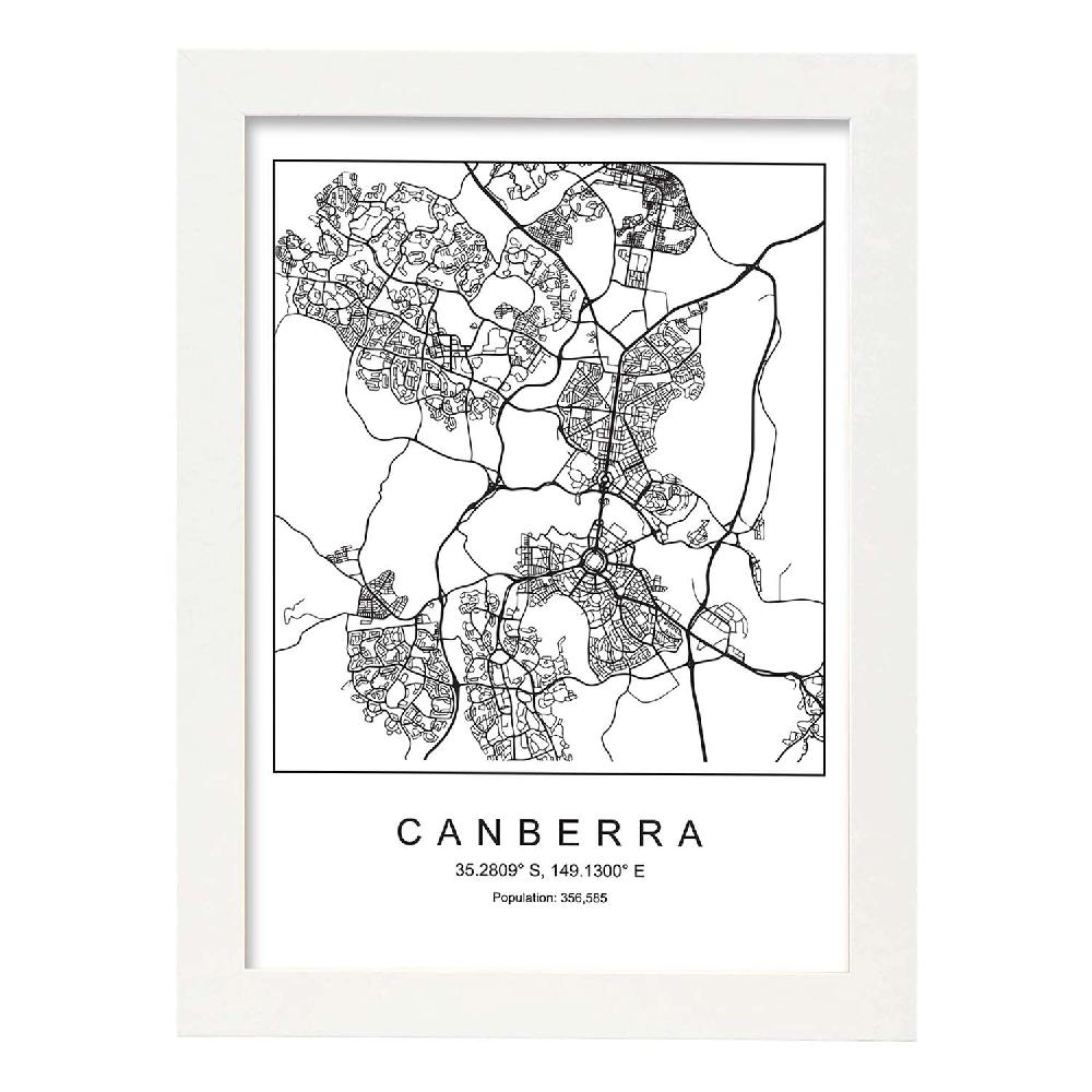 Nacnic Lámina Estilo Nórdico De Mapa De Canberra En Blanco Y Negro