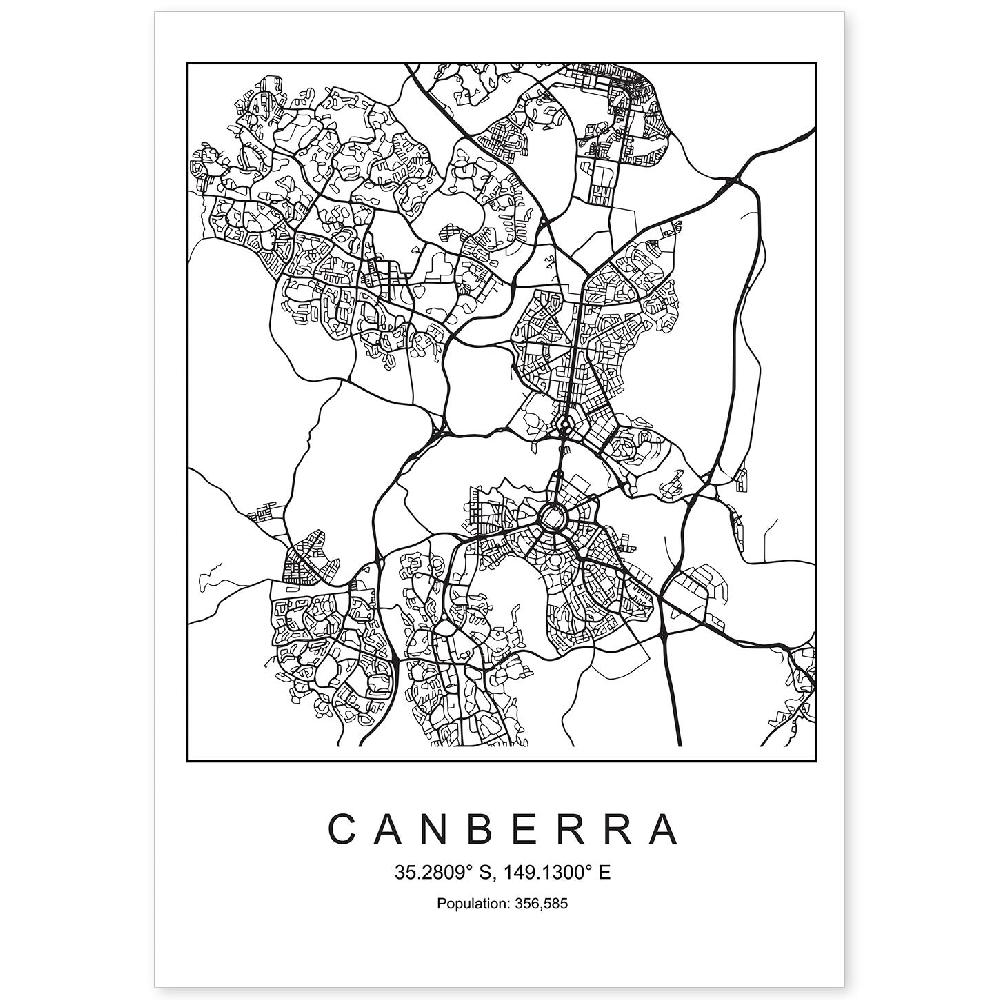 nacnic Lámina estilo nórdico de mapa de Canberra en blanco y negro