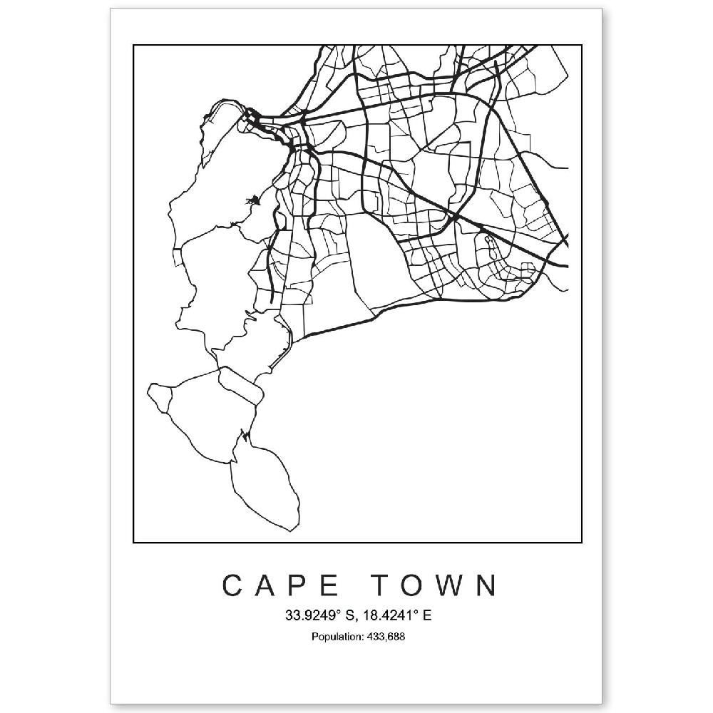 nacnic Lámina estilo nórdico de mapa de Cape Town en blanco y negro
