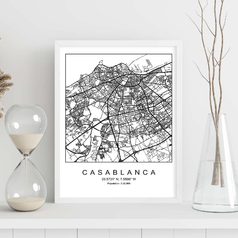 Nacnic Lámina Estilo Nórdico De Mapa De Casablanca En Blanco Y Negro
