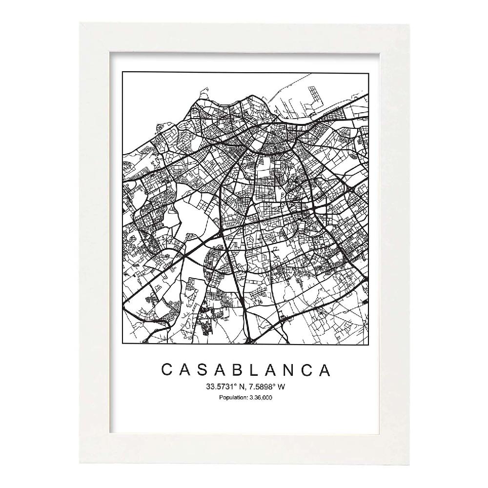 Nacnic Lámina Estilo Nórdico De Mapa De Casablanca En Blanco Y Negro