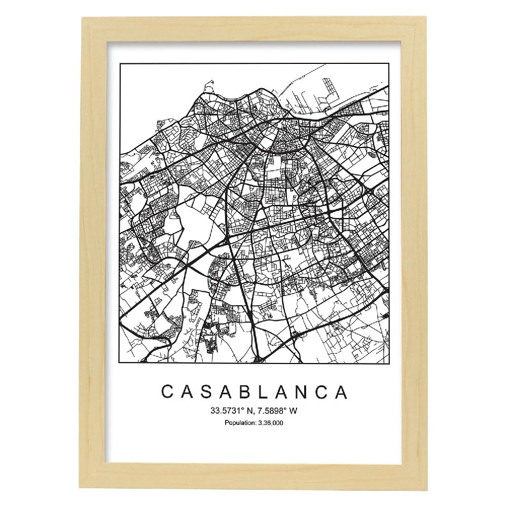 Nacnic Lámina Estilo Nórdico De Mapa De Casablanca En Blanco Y Negro