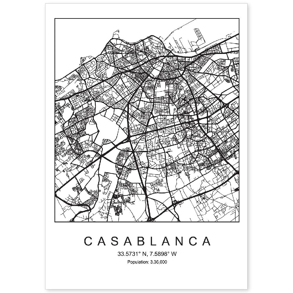 nacnic Lámina estilo nórdico de mapa de Casablanca en blanco y negro