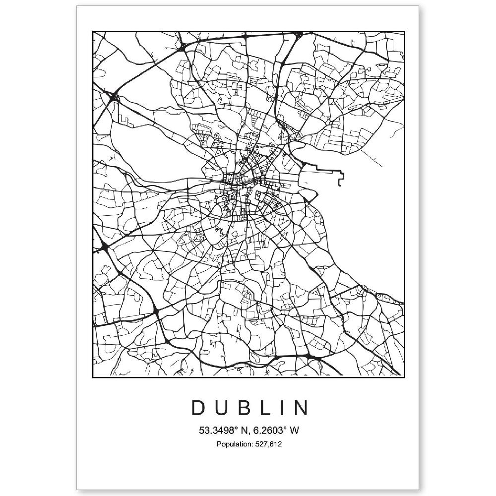 nacnic Lámina estilo nórdico de mapa de Dublin en blanco y negro