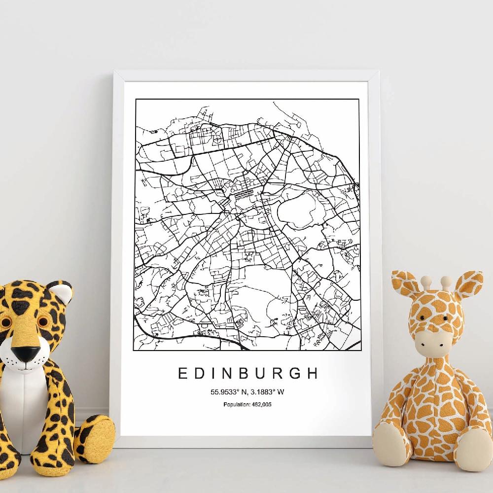 Nacnic Lámina Estilo Nórdico De Mapa De Edimburgo En Blanco Y Negro