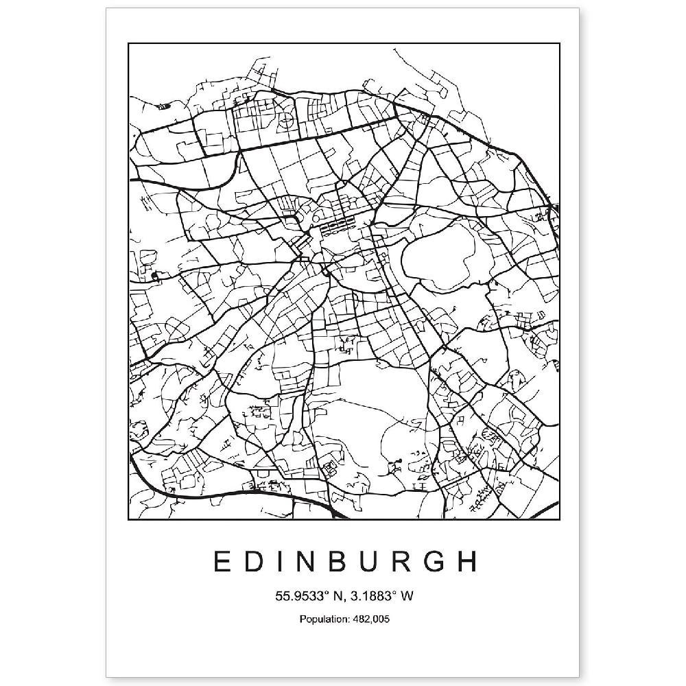 nacnic Lámina estilo nórdico de mapa de Edimburgo en blanco y negro