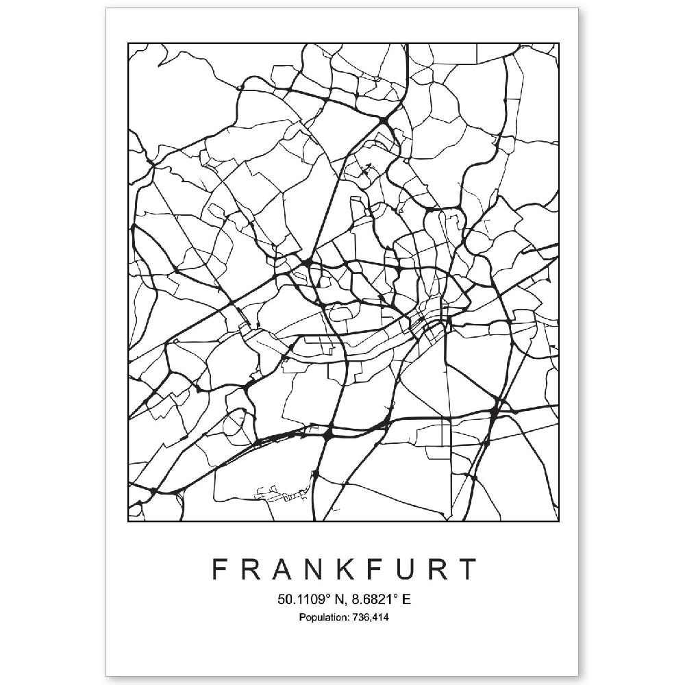 nacnic Lámina estilo nórdico de mapa de Frankfurt en blanco y negro