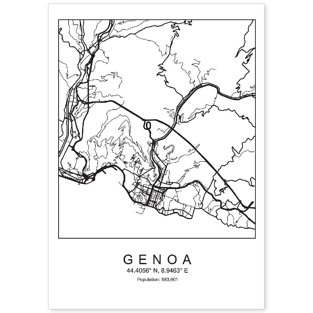 nacnic Lámina estilo nórdico de mapa de Genoa en blanco y negro