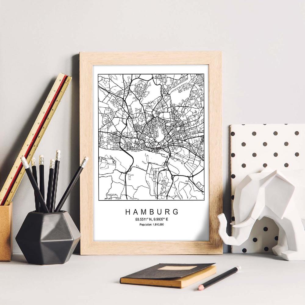 Nacnic Lámina Estilo Nórdico De Mapa De Hamburg En Blanco Y Negro