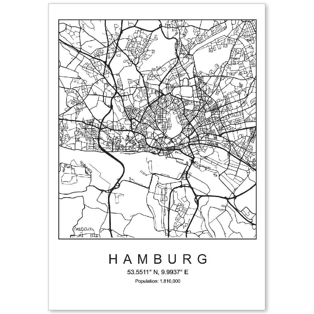 nacnic Lámina estilo nórdico de mapa de Hamburg en blanco y negro